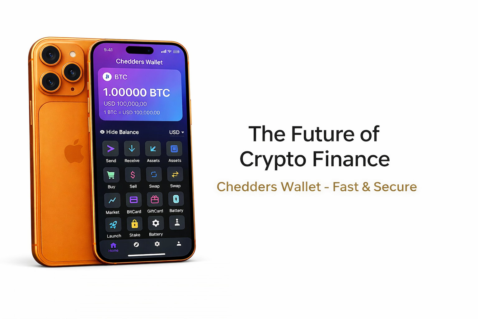 Chedders Wallet mobile app showing BTC balance, Send, Receive, Buy, Sell, Swap options